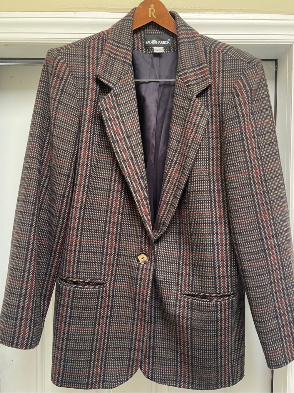 Vintage Sag Harbor Women's Plaid Blazer in Brown with Red and Green Accents